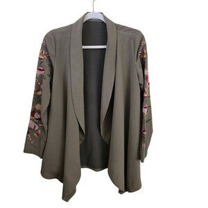 Montania Olive Open Front Zip Floral Embroidered Sleeve Blazer Size S